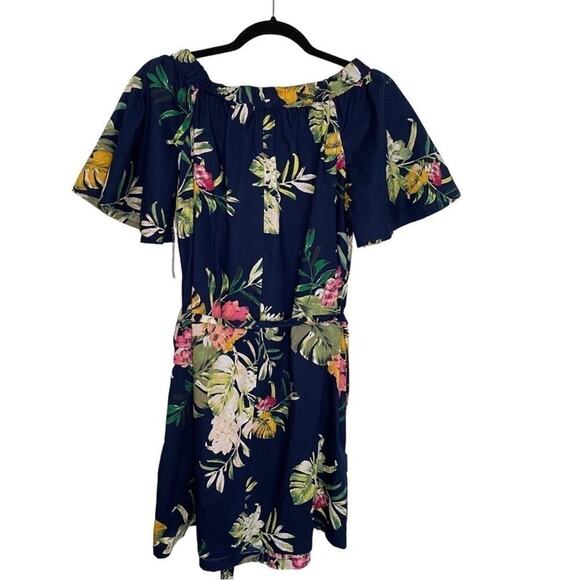 New York & Company Navy Floral Off the Shoulder Trapeze Shift Mini Dress Belted - Picture 3 of 5